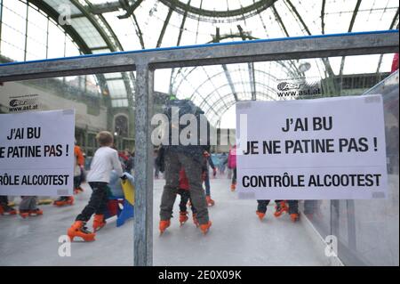 Besucher Schlittschuh auf einer riesigen Eisbahn, die am 12. Dezember 2012 in der glasüberdachten zentralen Halle des Grand Palais in Paris, Frankreich, stattfindet. Die Eisbahn, die größte Eisbahn, die jemals in Frankreich geschaffen wurde, ist 1,800 Quadratmeter groß und kann 1000 Personen gleichzeitig empfangen. Foto von Christophe Guibbaud/ABACAPRESS.COM. Stockfoto