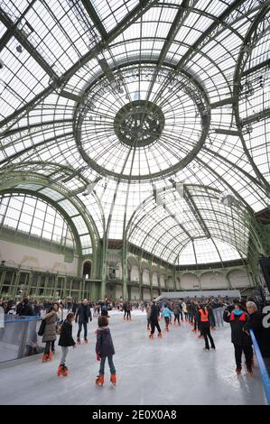 Besucher Schlittschuh auf einer riesigen Eisbahn, die am 12. Dezember 2012 in der glasüberdachten zentralen Halle des Grand Palais in Paris, Frankreich, stattfindet. Die Eisbahn, die größte Eisbahn, die jemals in Frankreich geschaffen wurde, ist 1,800 Quadratmeter groß und kann 1000 Personen gleichzeitig empfangen. Foto von Christophe Guibbaud/ABACAPRESS.COM. Stockfoto