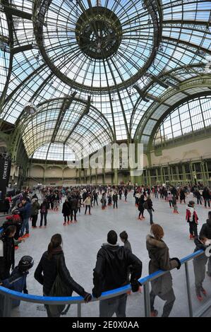 Besucher Schlittschuh auf einer riesigen Eisbahn, die am 12. Dezember 2012 in der glasüberdachten zentralen Halle des Grand Palais in Paris, Frankreich, stattfindet. Die Eisbahn, die größte Eisbahn, die jemals in Frankreich geschaffen wurde, ist 1,800 Quadratmeter groß und kann 1000 Personen gleichzeitig empfangen. Foto von Christophe Guibbaud/ABACAPRESS.COM. Stockfoto