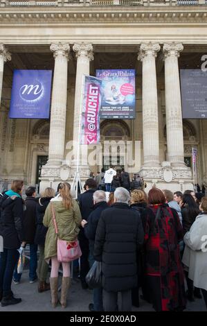 Besucher Schlittschuh auf einer riesigen Eisbahn, die am 12. Dezember 2012 in der glasüberdachten zentralen Halle des Grand Palais in Paris, Frankreich, stattfindet. Die Eisbahn, die größte Eisbahn, die jemals in Frankreich geschaffen wurde, ist 1,800 Quadratmeter groß und kann 1000 Personen gleichzeitig empfangen. Foto von Christophe Guibbaud/ABACAPRESS.COM. Stockfoto