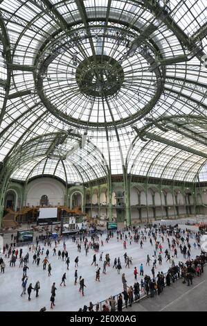 Besucher Schlittschuh auf einer riesigen Eisbahn, die am 12. Dezember 2012 in der glasüberdachten zentralen Halle des Grand Palais in Paris, Frankreich, stattfindet. Die Eisbahn, die größte Eisbahn, die jemals in Frankreich geschaffen wurde, ist 1,800 Quadratmeter groß und kann 1000 Personen gleichzeitig empfangen. Foto von Christophe Guibbaud/ABACAPRESS.COM. Stockfoto