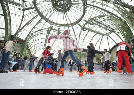 Besucher Schlittschuh auf einer riesigen Eisbahn, die am 12. Dezember 2012 in der glasüberdachten zentralen Halle des Grand Palais in Paris, Frankreich, stattfindet. Die Eisbahn, die größte Eisbahn, die jemals in Frankreich geschaffen wurde, ist 1,800 Quadratmeter groß und kann 1000 Personen gleichzeitig empfangen. Foto von Christophe Guibbaud/ABACAPRESS.COM. Stockfoto