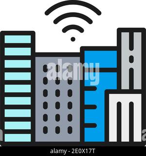 Smart Town mit Wi-Fi-Zone, Technologie Stadt flache Farblinie Symbol. Stock Vektor
