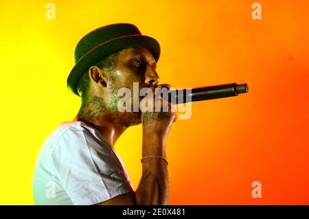 Die französische Rap-Band Raggasonic tritt während seines Live-Konzerts im Palais des Rois de Majorque in Perpignan, Südfrankreich, am 21. Juli 2012 auf. Im Bild auch Big Red des Sängers. Foto von Michel Clementz/ABACAPRESS.COM Stockfoto