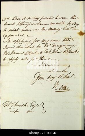 Lettre de Henry Black à Robert Christie, écuyer, afin d'obtenir ses titers de propriété et ceux de McKay (Maquay), James Black et John Black pour des terres situées dans la sixième concession de la seigneurie Saint-Gabriel-2. Stockfoto