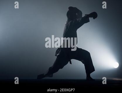 Bekämpfung Konzept. Fighting Man im Kimono. Karate Mann in Kampfstellung. Kämpfe weiter Stockfoto