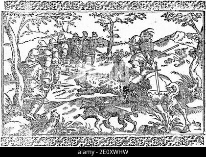 Libro de la monteria, discurso, fol 7, verso, Wildschweinjagd. Stockfoto