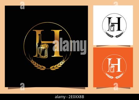 Ein Vektor-Illustration-Set aus goldenem Bier und Glas-Monogramm-Buchstabe H Stock Vektor