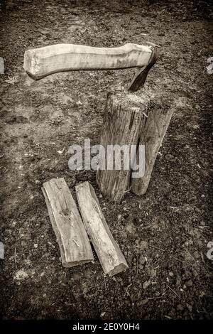 Die Axt steckte in einem Baumstumpf im Hinterhof Nahaufnahme. Alte Fotoformart. Stockfoto