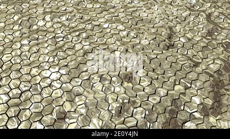 Abstract Goldene sechseckige Geometriemuster mit sechsseitigem Polygon und glatten Wellenbewegungseffekten. Abstrakt trendige Hintergrund für Business & Tech Stockfoto