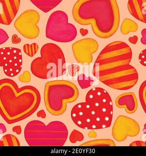 Bunte Aquarell Herzen. Valentinstag Hintergrund. Nahtloses Muster Stockfoto