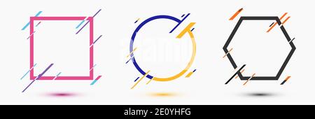 Set Rahmen Rahmen geometrischen Kreis, Quadrat, Sechseck mit diagonalen Linienbewegung isoliert auf weißem Hintergrund flache Design. Vektorgrafik Stock Vektor