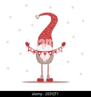 Valentine Elf in roten Hut mit Girlande. Schöner skandinavischer Zwerg. Alles Gute Zum Valentinstag. Cute Design-Konzept für 14 februar. Vektordarstellung in Stock Vektor