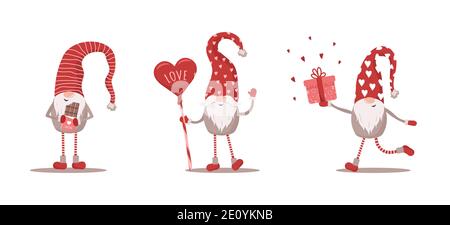 Valentines Gnome in rotem Hut. Schöne skandinavische Elfe isoliert auf weißem Hintergrund. Niedliche festliche Elemente von 14 februar. Vektorgrafik in flacher Form Stock Vektor