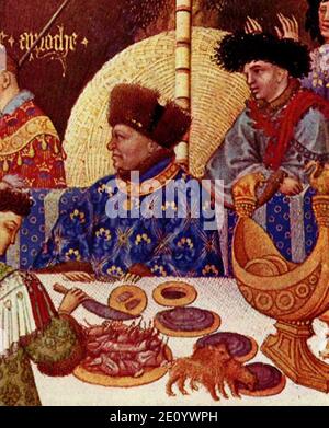 Tres Riches Heures du Duc Jean de Berry Januar Detail mit nef. Stockfoto