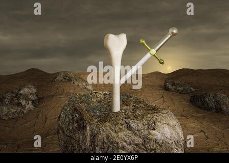 Excalibur in einem menschlichen Oberschenkelknochen auf Stein bei Sonnenuntergang. Starke Knochen und gesunde menschliche Knochen oder Osteoporose Welttag. 3d-Illustration Stockfoto