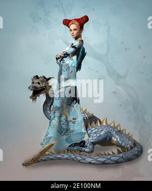 Warrior Women Serie: Schöne Dame trägt einen bunten Kimono stehen mit einem wilden Drachen Stockfoto