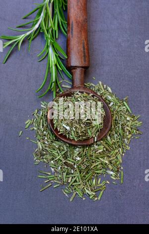 Getrockneter und zerkleinerter Rosmarin in Holzlöffel, Rosmarinzweig, Deutschland, Europa Stockfoto