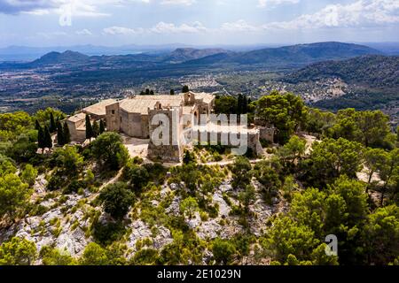 Luftaufnahme, Santuari de la Mare de Déu del Puig, Pollença, Tramuntana-Gebirge, Mallorca, Balearen, Spanien, Europa Stockfoto