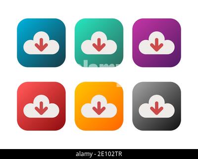 Download-Symbol in verschiedenen Farben eingestellt. Bunte Download Button Sammlung. Hochladen von Cloud-Speicher. Symbol auf abgerundetes Rechteck mit Verlauf laden. Stock Vektor