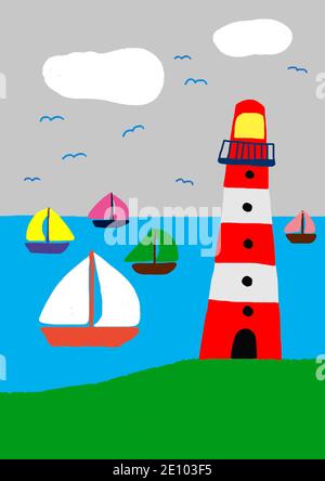 Naive Illustration, Kinderzeichnung, Leuchtturm mit bunten Segelbooten im Meer Stockfoto