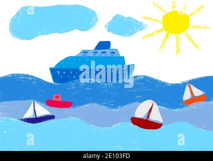 Naive Illustration, Kinder Zeichnung, Segelboote und Kreuzfahrtschiff im Meer Stockfoto