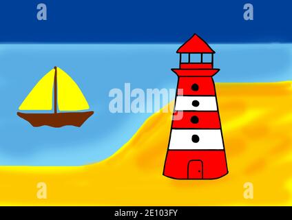 Naive Illustration, Kinderzeichnung, Leuchtturm mit Segelboot im Meer Stockfoto