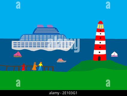 Naive Illustration, Kinder Zeichnung, Leuchtturm, Kreuzfahrtschiff und Zuschauer Stockfoto