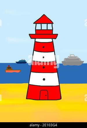 Naive Illustration, Kinder Zeichnung, Leuchtturm und verschiedene Schiffe im Meer Stockfoto