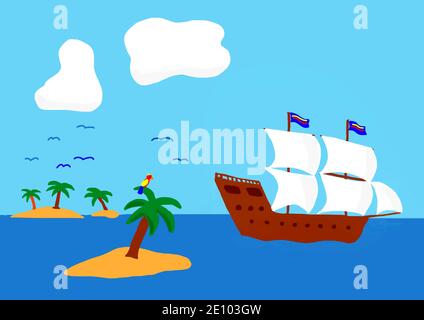 Naive Illustration, Kinderzeichnung, zwei Meister Segelschiff vor kleinen Inseln Stockfoto