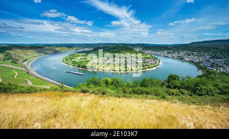 Rheinbogen Bopparder Hamm, Panorama, UNESCO Weltkulturerbe Oberes Mittelrheintal, Boppard, Rheinland-Pfalz, Deutschland, Europa Stockfoto