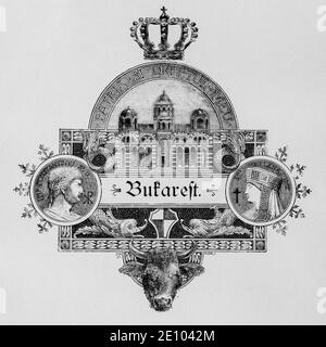 Pictographisches Design für die Hauptstadt Bukarest, Rumänien, Illustration aus 'die Hauptstädte der Welt', Breslau um 1897 Stockfoto