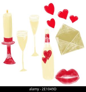 Valentinstag-Set mit Illustrationen mit Kerze, Champagner, Gläser, Liebesbrief, roten Herzen und Lippen isoliert auf Weiß Stockfoto
