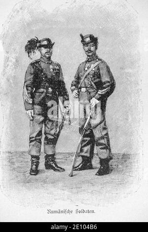 'Rumanische Soldaten', zwei rumänische Soldaten in ihren Uniformen, Bukarest, Rumänien, Illustration aus 'die Hauptstädte der Welt', Breslau um 1897 Stockfoto