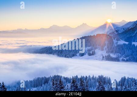Schweizer Alpen und Voralpen mit Schreckhorn, 4078 (m), Eiger, 3974 m, Mönch, 4099 m, Blick Gurnigel, Schweiz, Europa Stockfoto