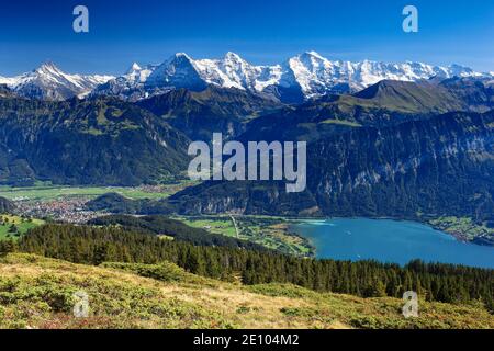 Schweizer Alpen, Aussicht V (m) Niederhorn, Eiger, 3974 m, Mönch, 4099 m, Jungfrau, 4158m, Thunersee, Interlaken, Herbst, Berner Oberland, Bern, Schweiz, Stockfoto