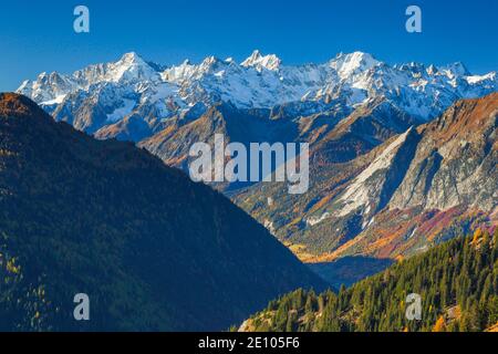 Blick von Verbier in die Haute Savoie mit Mont Dolent, 3820m, Aguille d'Argentière, 3901m, Aguille Verte, 4122m, Frankreich, Europa Stockfoto