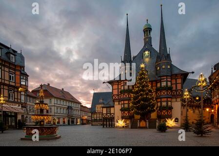 Historisches Rathaus, Weihnachtsbaum, neugotischer Wohltäterbrunnen, Wernigerode, Sachsen-Anhalt, Deutschland, Europa Stockfoto