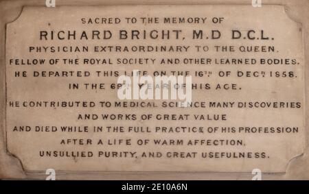 Gedenktafel für Richard Bright in der St. James's Church Piccadilly Stockfoto