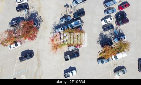 Lebensmittelgeschäft Parkplatz mit Einkaufswagen Rückkehr Bereich umgeben von bunten Herbstblättern in Vorort Dallas, Texas, Amerika Stockfoto