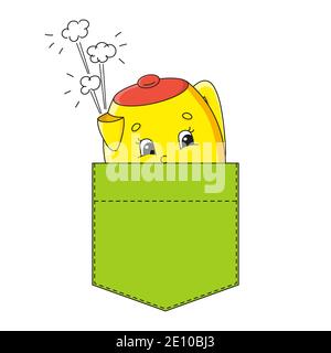Gelbe Teekanne in Hemdtasche. Niedlicher Charakter. Farbenfrohe Vektorgrafik. Cartoon-Stil. Isoliert auf weißem Hintergrund. Designelement. Vorlage für Stock Vektor
