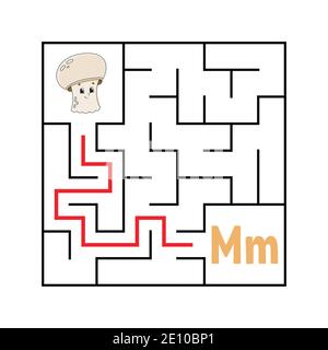 Quadratisches Labyrinth. Spiel für Kinder. Lustige Quadrate Labyrinth. Arbeitsblatt zum Bildungswesen. Aktivitätsseite. Puzzle für Kinder. Niedlicher Cartoon-Stil. Finden Sie den richtigen Weg. Stock Vektor