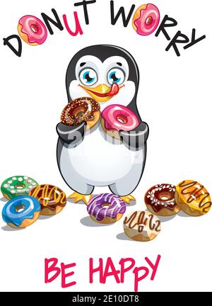 Vektor-Illustration von Cartoon Pinguin mit Donuts Stock Vektor