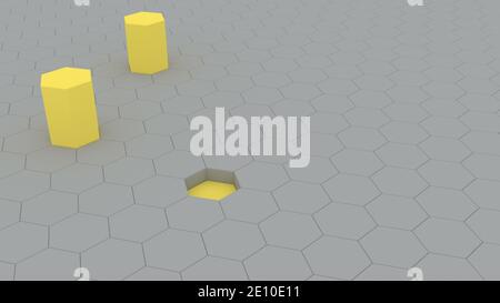 Trendige Farbe gelb grau Sechsecke im 3d-Stil Creative Digital 3D-Rendering des abstrakten Hintergrundrasters Stockfoto