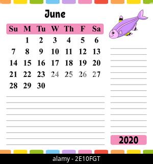 Kalender für das Jahr 2020 mit einem netten Charakter. Spaß und helles Design. Isolierte Vector Illustration. Cartoon Stil. Stock Vektor