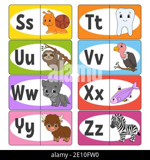 Legen Sie ABC-Flash-Karten fest. Alphabet für Kinder. Lernbriefe. Arbeitsblatt zur Entwicklung von Schulungen. Aktivitätsseite für die Studie Englisch. Spiel für Kinder. Komischer Kanal Stock Vektor