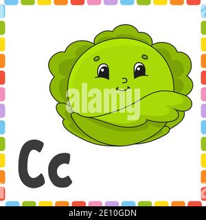 Lustiges Alphabet. ABC quadratische Flash-Karten. Cartoon niedlichen Charakter auf weißem Hintergrund isoliert. Für Kindererziehung. Arbeitsblatt zur Entwicklung. Schulungsschreiben Stock Vektor