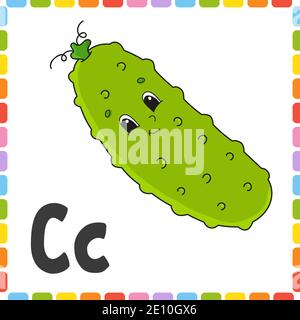 Lustiges Alphabet. ABC quadratische Flash-Karten. Cartoon niedlichen Charakter auf weißem Hintergrund isoliert. Für Kindererziehung. Arbeitsblatt zur Entwicklung. Schulungsschreiben Stock Vektor