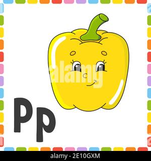 Lustiges Alphabet. ABC quadratische Flash-Karten. Cartoon niedlichen Charakter auf weißem Hintergrund isoliert. Für Kindererziehung. Arbeitsblatt zur Entwicklung. Schulungsschreiben Stock Vektor