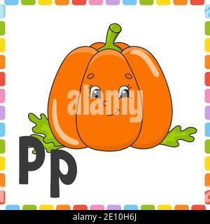 Lustiges Alphabet. ABC quadratische Flash-Karten. Cartoon niedlichen Charakter auf weißem Hintergrund isoliert. Für Kindererziehung. Arbeitsblatt zur Entwicklung. Schulungsschreiben Stock Vektor